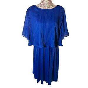 Vintage Royal Blue Dress Pleated Cape Overlay Tie Waist Occasion Party 18/20